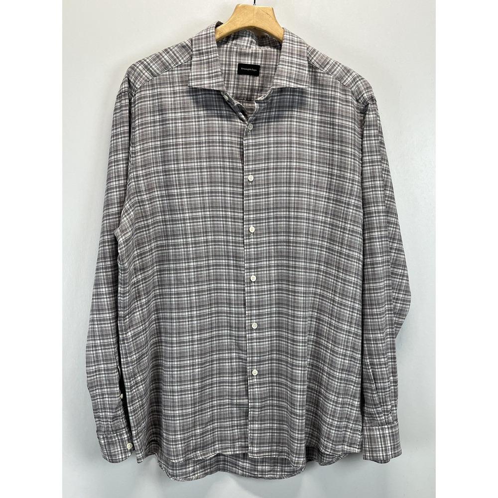 Ermenegildo Zegna Linen Blend Button Up Short Sz XL VGUC Plaid Long Sleeve Beach